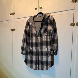 Black and White Plaid Hooded Shirt